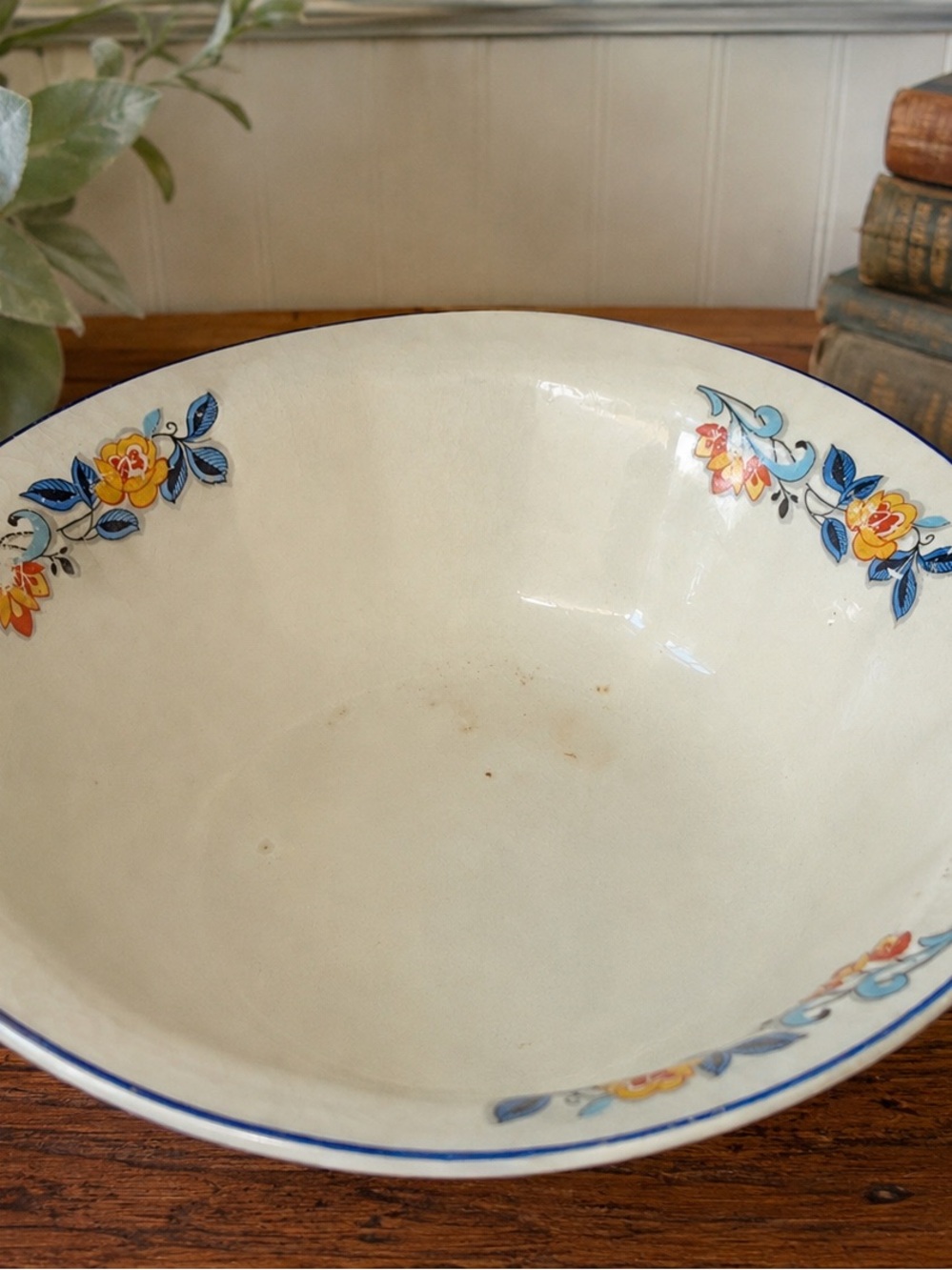 Vintage Edwin M. Knowles Floral Serving Bowl Blue Rim B.P.-178 8.1”